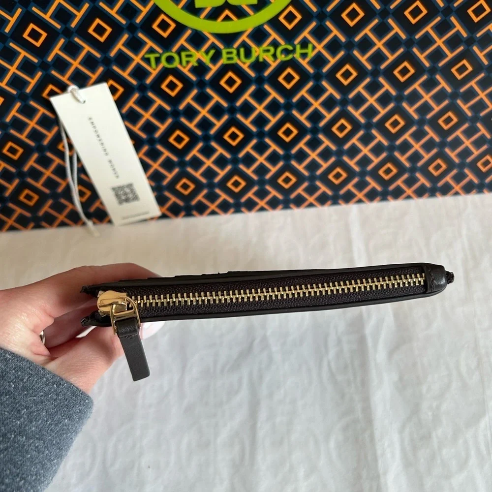Tory Burch Britten Soft Zip Card Case Mini Wallet Dark Mahogany Gold Brown